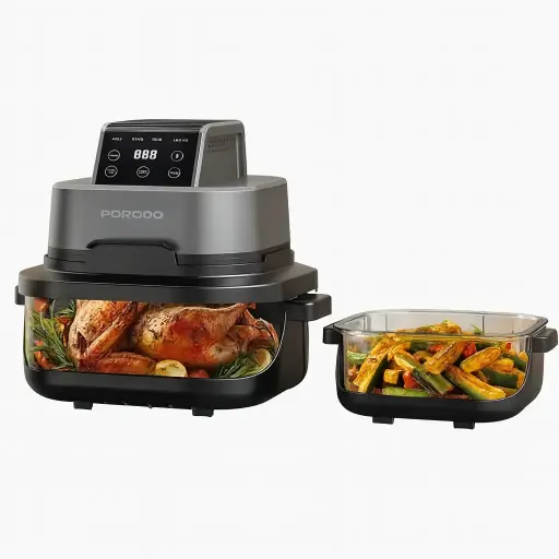 [PDAF532TBK] Porodo 1500W 4-In-1 Dual  Glass Pot Crispy Air Fryer PDAF532TBK