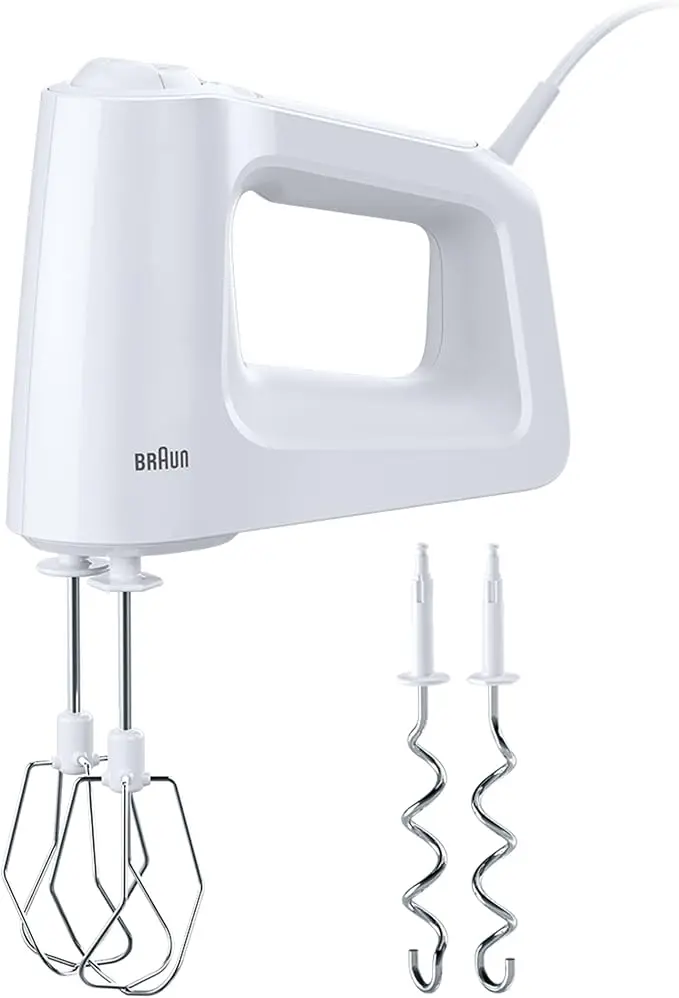 Braun MultiMix 3 HM3000WH 5 Speed Hand Mixer with Turbo, Whisks and Dough Hooks Included, 450W