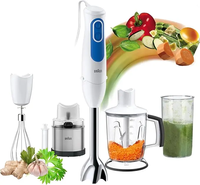 Braun Hand Blender MultiQuick 3 700W with 600ml BPA-free Beaker, 1.25L Jar Blender/Chopper, Coffee & Spice Grinder, Whisk, Dual Speed, SplashControl & PowerBell Plus Technology MQ 3048 Hummus White 